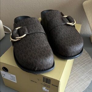 Michael Kors Signature MK Brown Slip-On Buckle Clogs Size 8.5